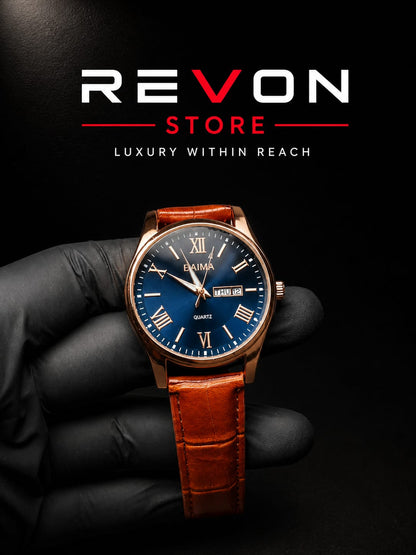 BAIMA Premium Blue Dial Quartz Watch with Leather Strap